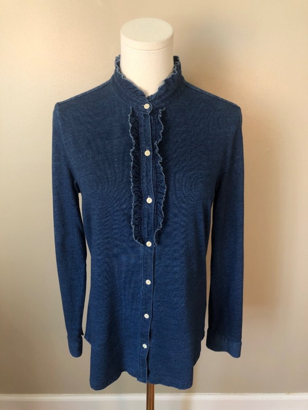 J McLaughlin 100% Cotton Ruffle Detail Long Sleeve Button Front Blue Denim Top S